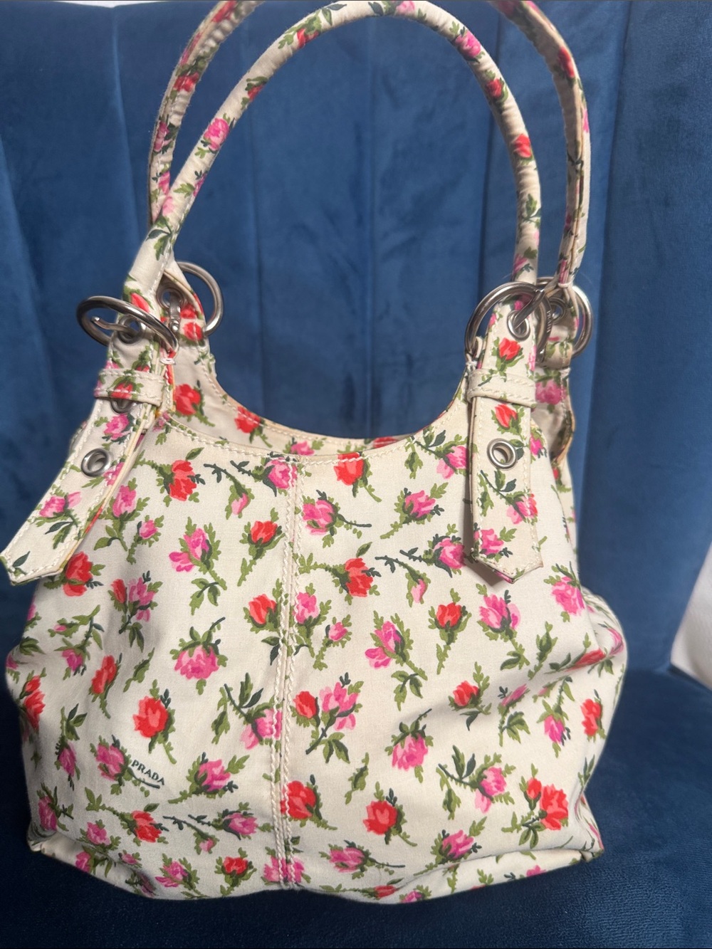 Prada Floral Print Women's Shoulder Bag - Cream with Pink with the shoes